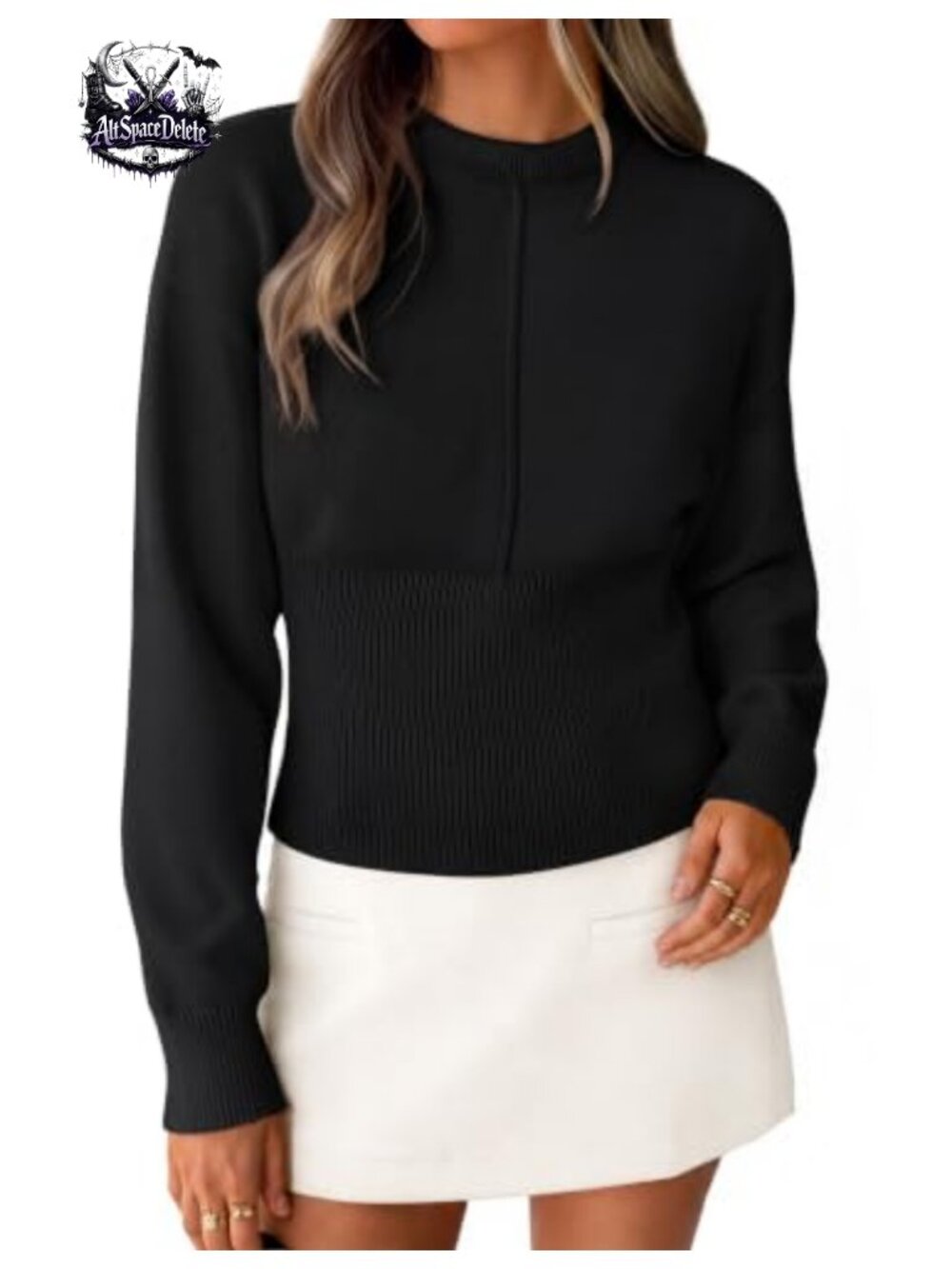 Crewneck Cinched Waist Ribbed Knit Pullover Sweater Slim Fit Long Sleeve